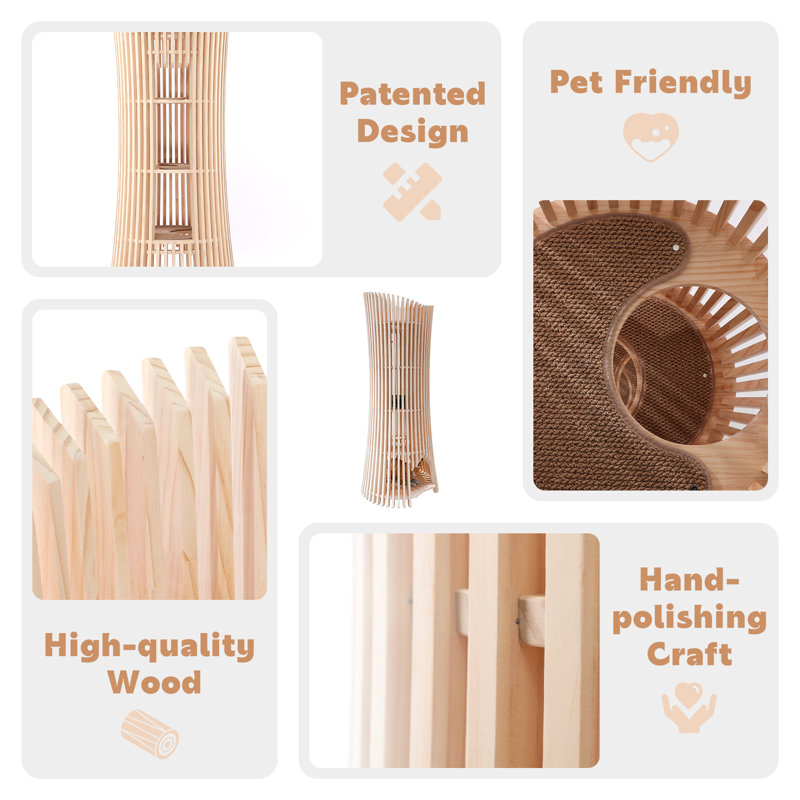 KZLAA 66.9'' H Pure Solid Wood Modern Cat Tree with Lights